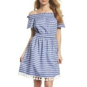 NWT Eliza J Blue Stripe Off the Shoulder Dress w/tassels size 12